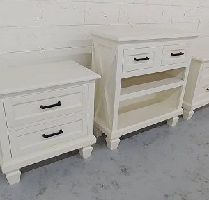 3 white, 2-drawer nightstands built by Farmhouse Furniture