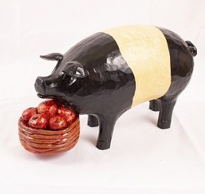 Resin Pig With Basket Of Apples