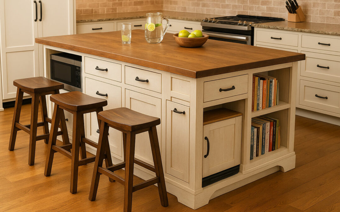 Farmhouse kitchen island with stools and storage shelves